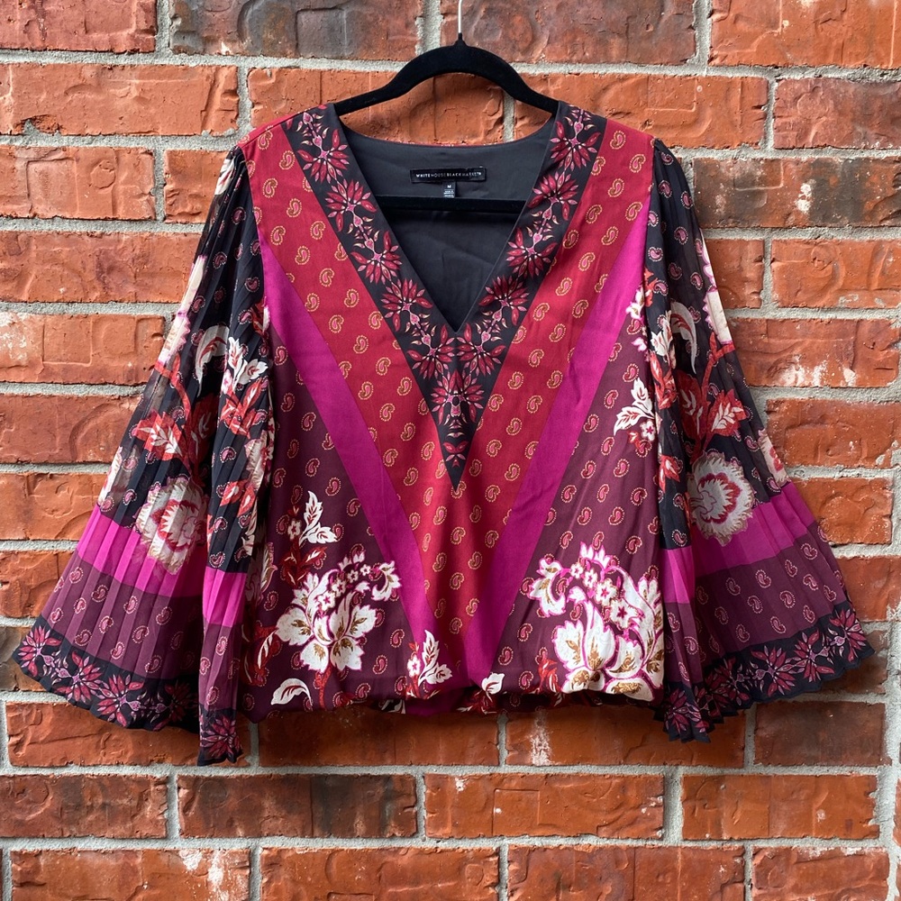 White House Black Market Medium Patchwork Boho Multi Print Flare Sleeve Top